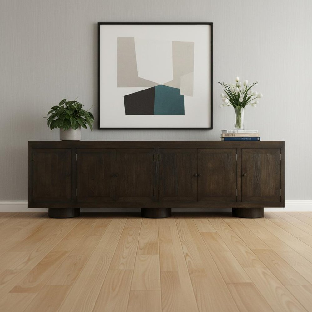 108" Dark Brown Distressed Solid Wood Sideboard Soft Close with Six Doors HomeRoots