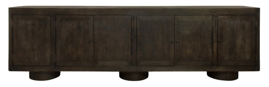 108" Dark Brown Distressed Solid Wood Sideboard With Six Doors