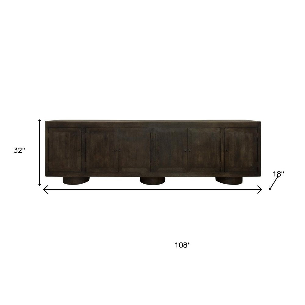 108" Dark Brown Distressed Solid Wood Sideboard Soft Close with Six Doors HomeRoots
