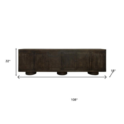 108" Dark Brown Distressed Solid Wood Sideboard Soft Close with Six Doors HomeRoots