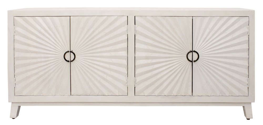 76" Ivory Distressed Solid Wood Carved Geometric Sideboard with Four Doors HomeRoots