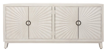76" Ivory Distressed Solid Wood Carved Geometric Sideboard with Four Doors HomeRoots