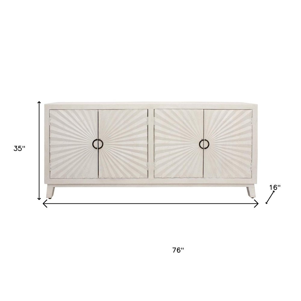 76" Ivory Distressed Solid Wood Carved Geometric Sideboard with Four Doors HomeRoots