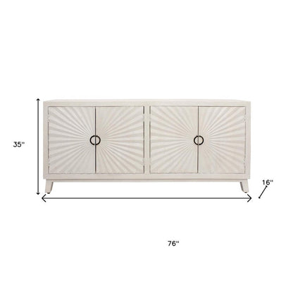 76" Ivory Distressed Solid Wood Carved Geometric Sideboard with Four Doors HomeRoots