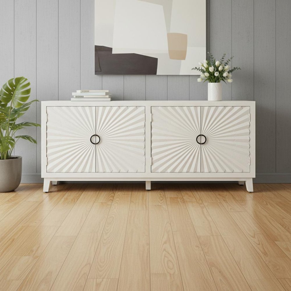 76" Ivory Distressed Solid Wood Carved Geometric Sideboard with Four Doors HomeRoots