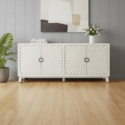 76" Ivory Distressed Solid Wood Carved Geometric Sideboard with Four Doors HomeRoots