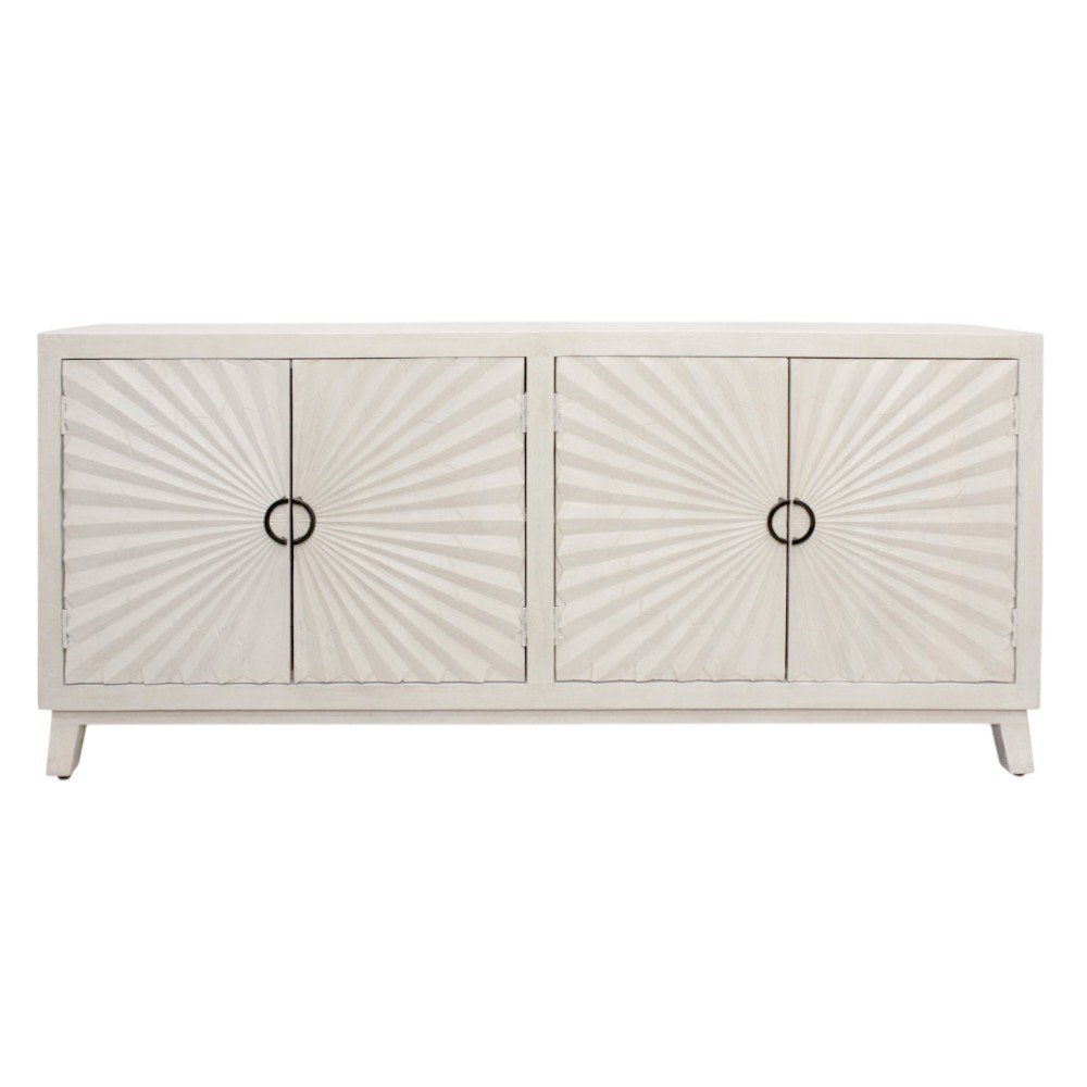 76" Ivory Distressed Solid Wood Carved Geometric Sideboard with Four Doors HomeRoots