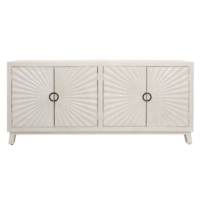 76" Ivory Distressed Solid Wood Carved Geometric Sideboard with Four Doors HomeRoots