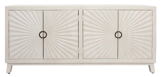 76" Ivory Distressed Solid Wood Carved Geometric Sideboard With Four Doors HomeRoots