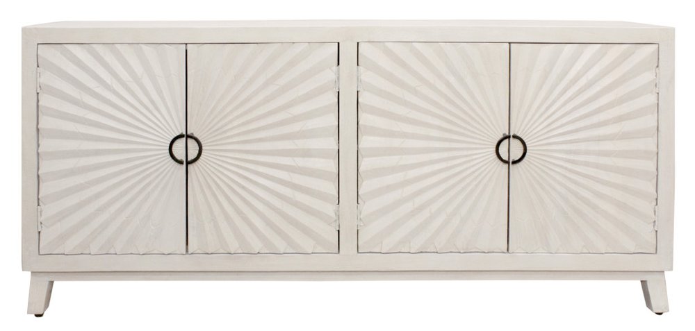 76" Ivory Distressed Solid Wood Carved Geometric Sideboard with Four Doors HomeRoots