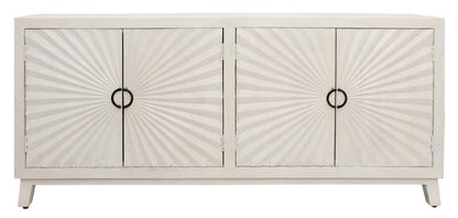 76" Ivory Distressed Solid Wood Carved Geometric Sideboard with Four Doors HomeRoots