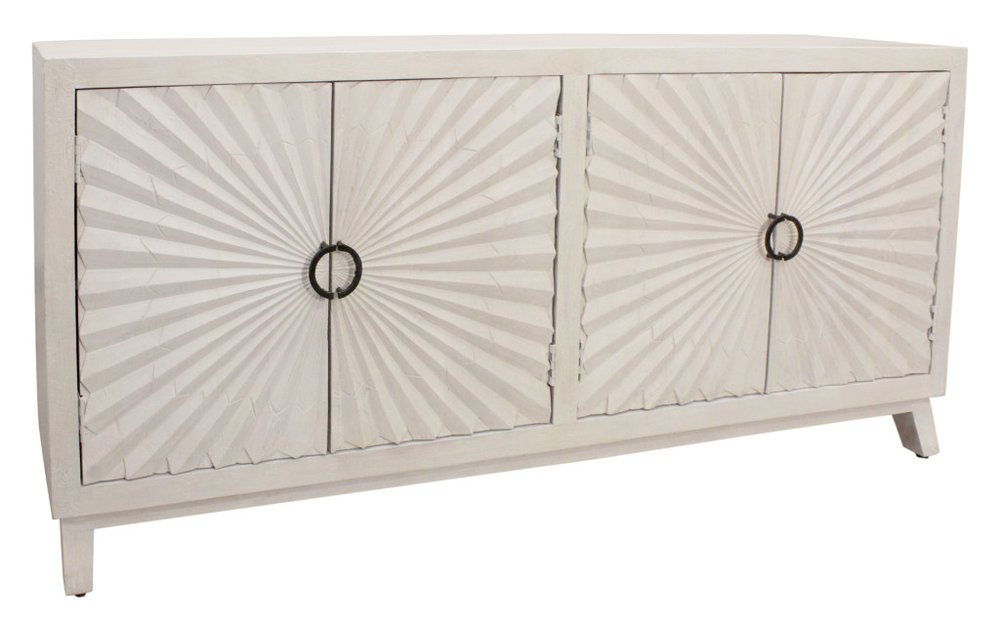 76" Ivory Distressed Solid Wood Carved Geometric Sideboard with Four Doors HomeRoots