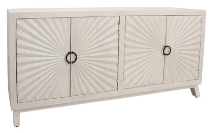 76" Ivory Distressed Solid Wood Carved Geometric Sideboard with Four Doors HomeRoots