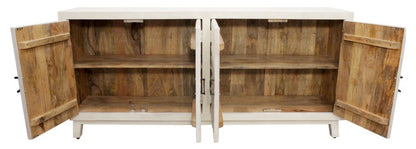 76" Ivory Distressed Solid Wood Carved Geometric Sideboard with Four Doors HomeRoots