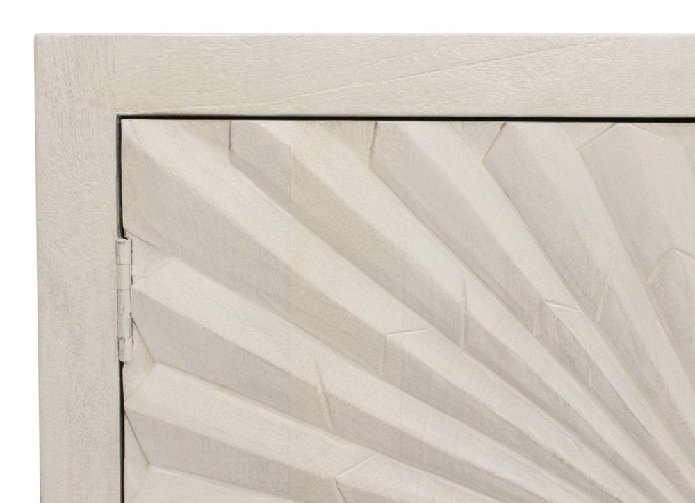 76" Ivory Distressed Solid Wood Carved Geometric Sideboard with Four Doors HomeRoots