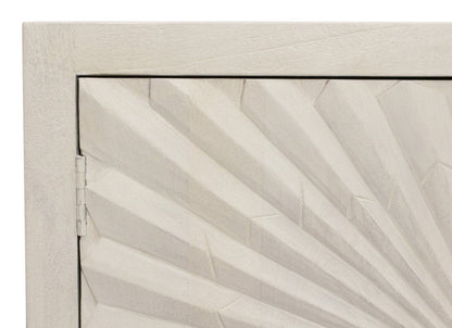 76" Ivory Distressed Solid Wood Carved Geometric Sideboard with Four Doors HomeRoots