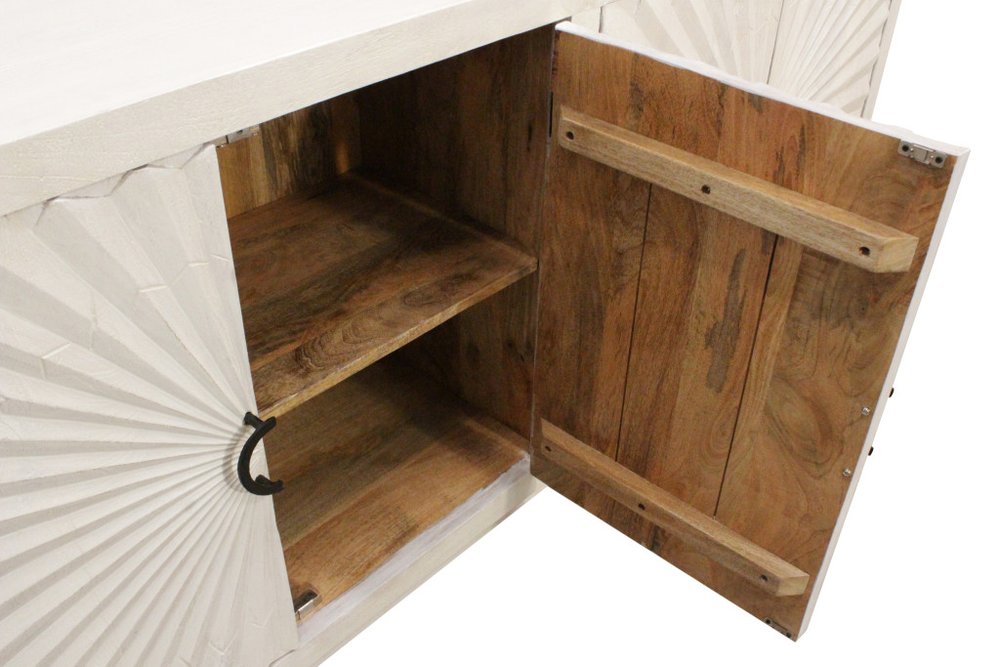 76" Ivory Distressed Solid Wood Carved Geometric Sideboard with Four Doors HomeRoots