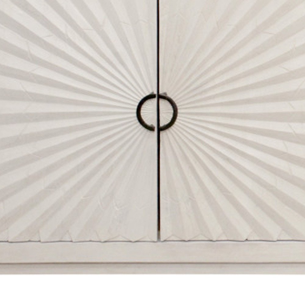 76" Ivory Distressed Solid Wood Carved Geometric Sideboard with Four Doors HomeRoots