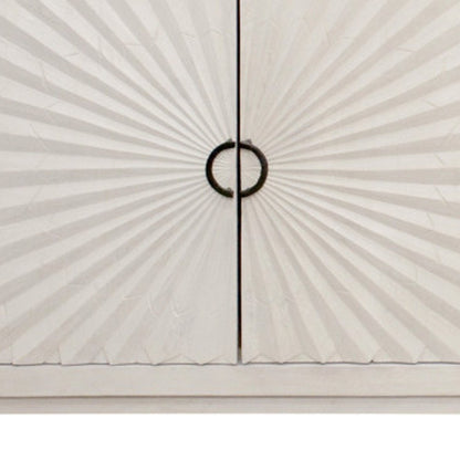 76" Ivory Distressed Solid Wood Carved Geometric Sideboard with Four Doors HomeRoots