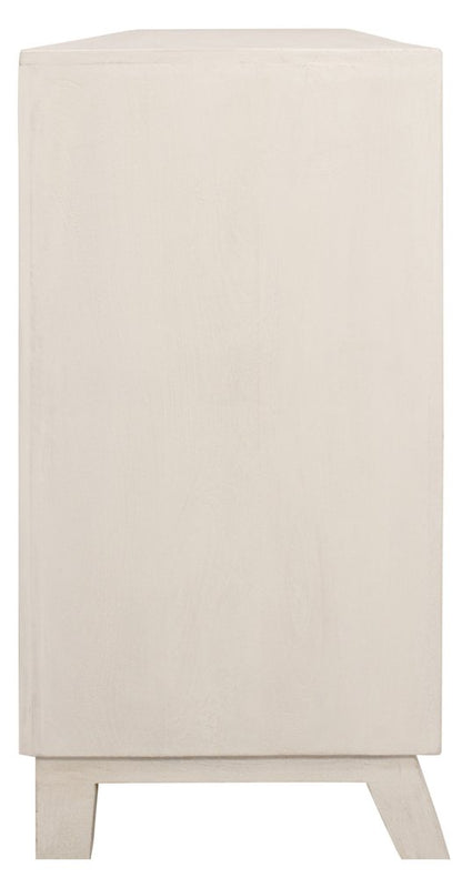 76" Ivory Distressed Solid Wood Carved Geometric Sideboard with Four Doors HomeRoots