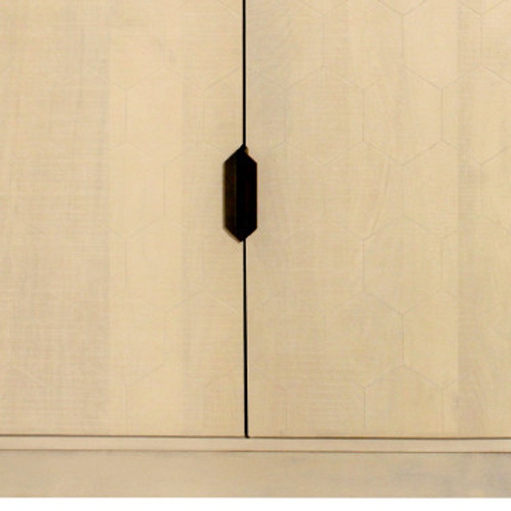 72" Natural Distressed Solid Wood Carved Geometric Sideboard with Four Doors HomeRoots