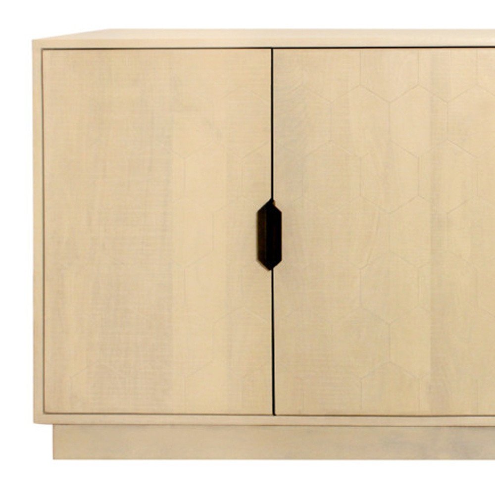72" Natural Distressed Solid Wood Carved Geometric Sideboard with Four Doors HomeRoots