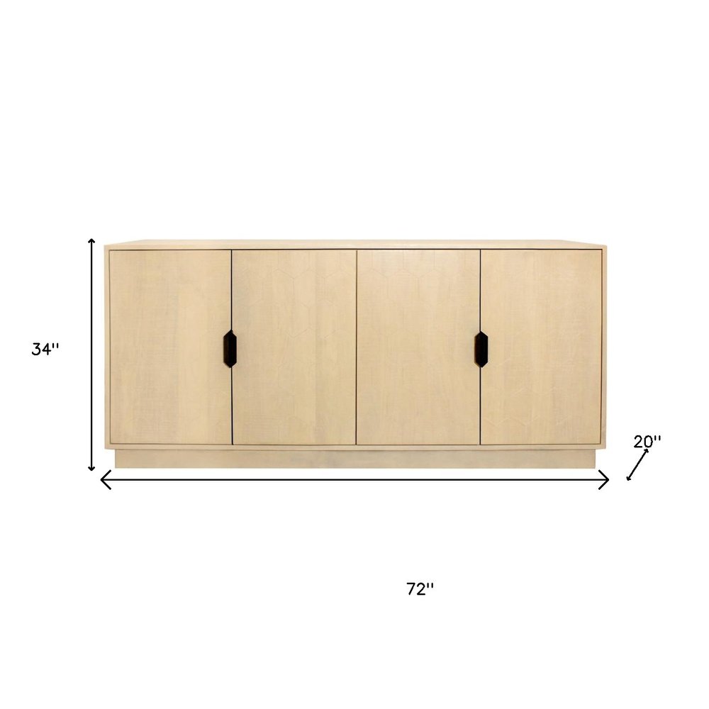 72" Natural Distressed Solid Wood Carved Geometric Sideboard with Four Doors HomeRoots
