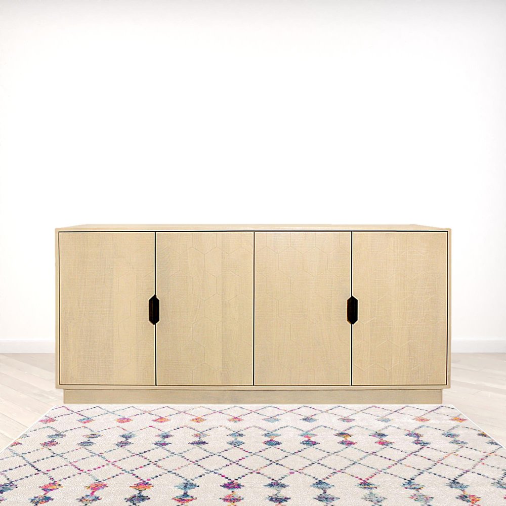 72" Natural Distressed Solid Wood Carved Geometric Sideboard with Four Doors HomeRoots