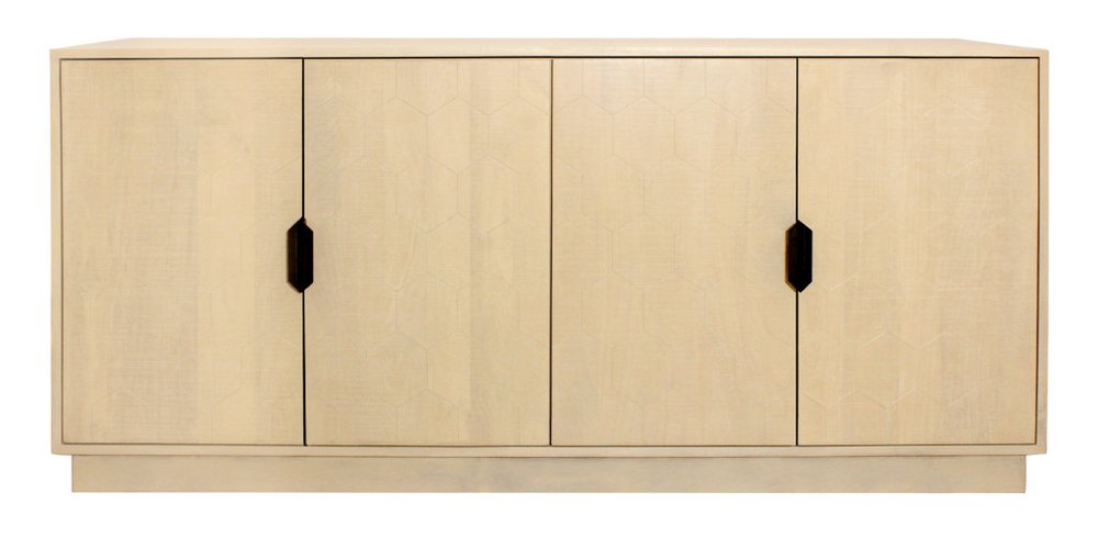 72" Natural Distressed Solid Wood Carved Geometric Sideboard with Four Doors HomeRoots