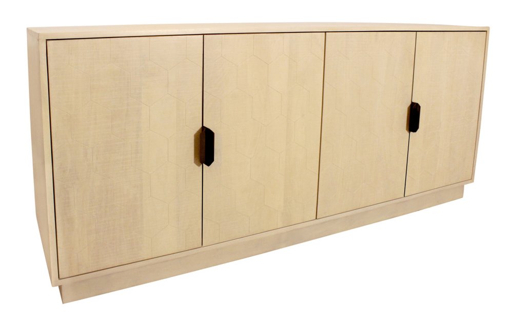 72" Natural Distressed Solid Wood Carved Geometric Sideboard with Four Doors HomeRoots