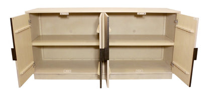 72" Natural Distressed Solid Wood Carved Geometric Sideboard with Four Doors HomeRoots