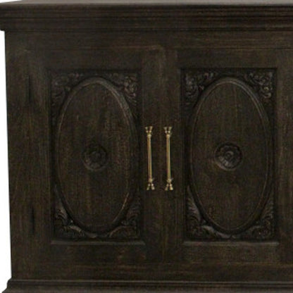 103" Black Distressed Solid Wood Carved Floral Sideboard with Six Doors HomeRoots
