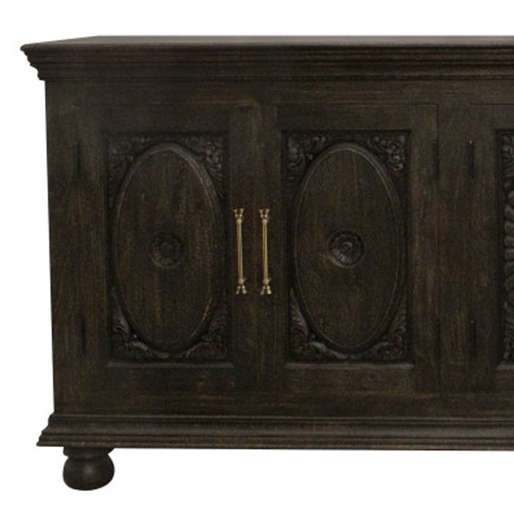 103" Black Distressed Solid Wood Carved Floral Sideboard with Six Doors HomeRoots