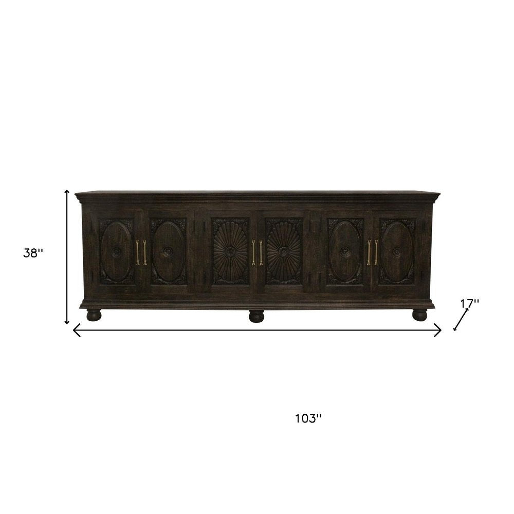 103" Black Distressed Solid Wood Carved Floral Sideboard with Six Doors HomeRoots