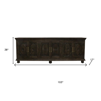 103" Black Distressed Solid Wood Carved Floral Sideboard with Six Doors HomeRoots