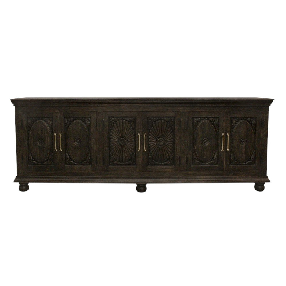 103" Black Distressed Solid Wood Carved Floral Sideboard with Six Doors HomeRoots