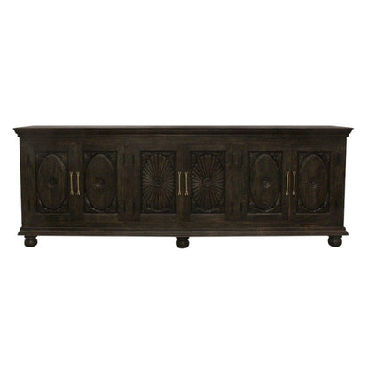 103" Black Distressed Solid Wood Carved Floral Sideboard with Six Doors HomeRoots