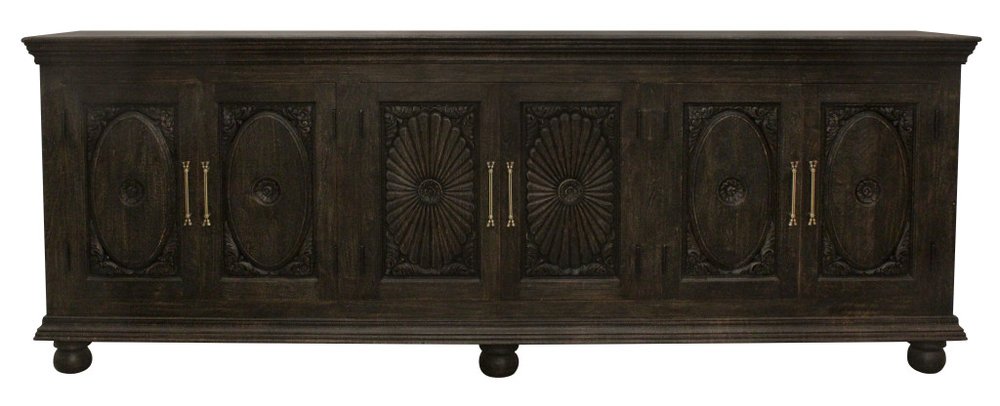 103" Black Distressed Solid Wood Carved Floral Sideboard with Six Doors HomeRoots