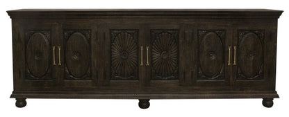 103" Black Distressed Solid Wood Carved Floral Sideboard with Six Doors HomeRoots