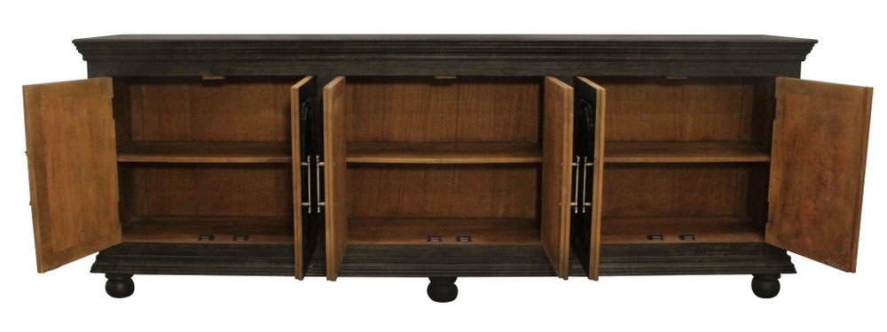 103" Black Distressed Solid Wood Carved Floral Sideboard with Six Doors HomeRoots