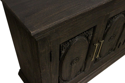 103" Black Distressed Solid Wood Carved Floral Sideboard with Six Doors HomeRoots