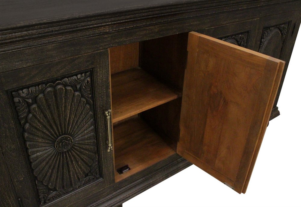 103" Black Distressed Solid Wood Carved Floral Sideboard with Six Doors HomeRoots