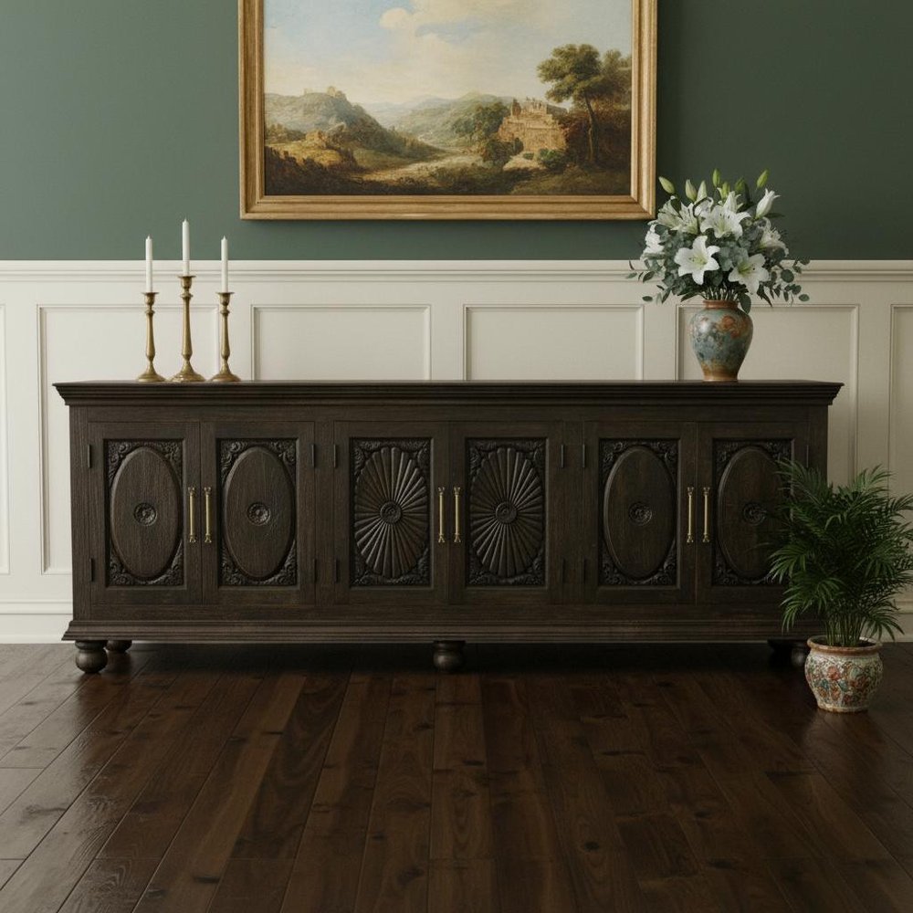 103" Black Distressed Solid Wood Carved Floral Sideboard with Six Doors HomeRoots