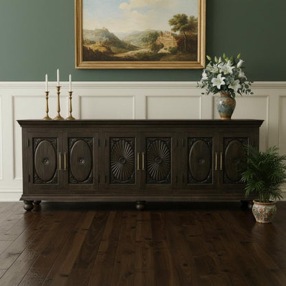 103" Black Distressed Solid Wood Carved Floral Sideboard with Six Doors HomeRoots