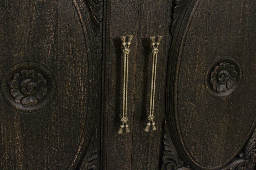 103" Black Distressed Solid Wood Carved Floral Sideboard with Six Doors HomeRoots