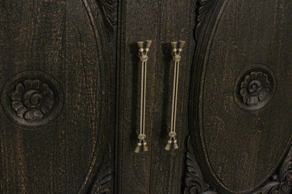 103" Black Distressed Solid Wood Carved Floral Sideboard with Six Doors HomeRoots