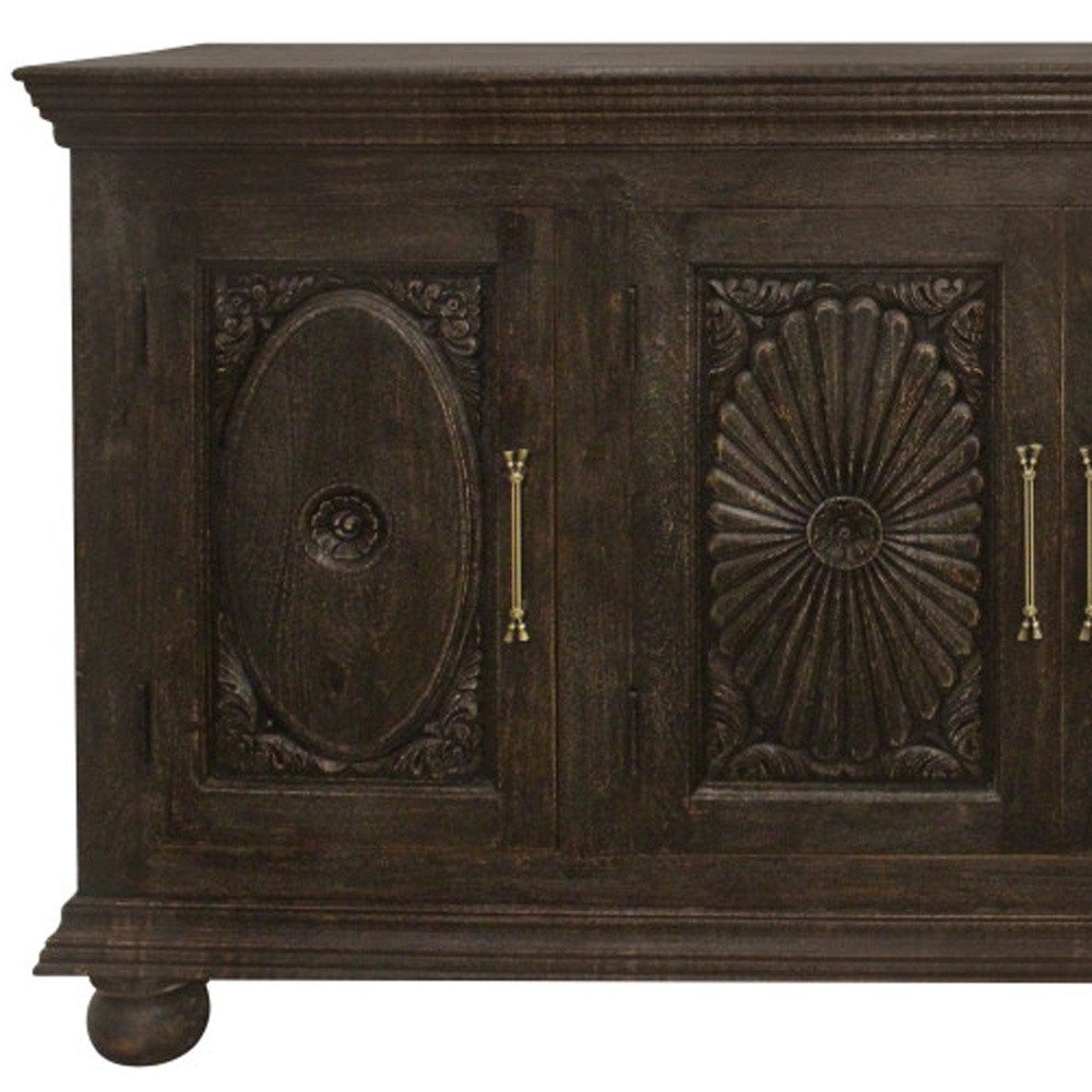 73" Black Distressed Solid Wood Carved Floral Sideboard With Four Doors — view 9