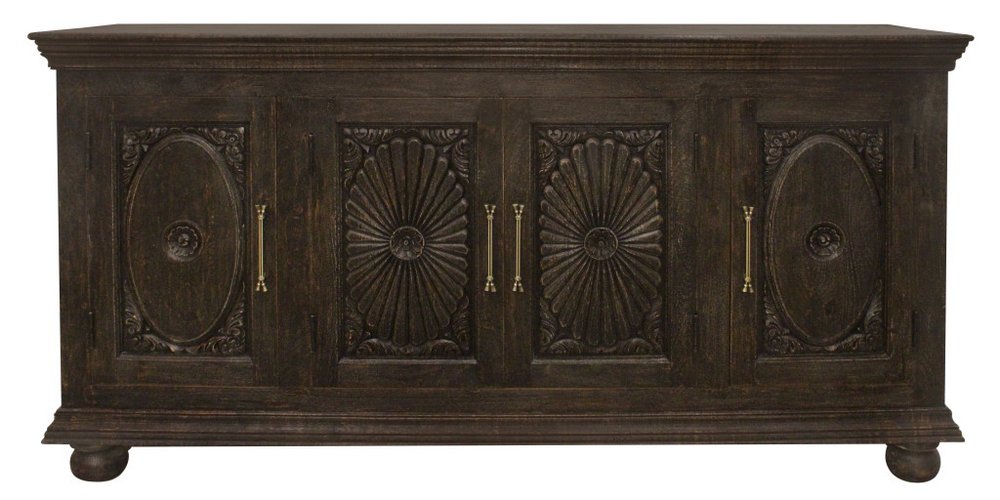 73" Black Distressed Solid Wood Carved Floral Sideboard With Four Doors — view 10