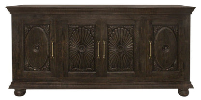 73" Black Distressed Solid Wood Carved Floral Sideboard With Four Doors HomeRoots