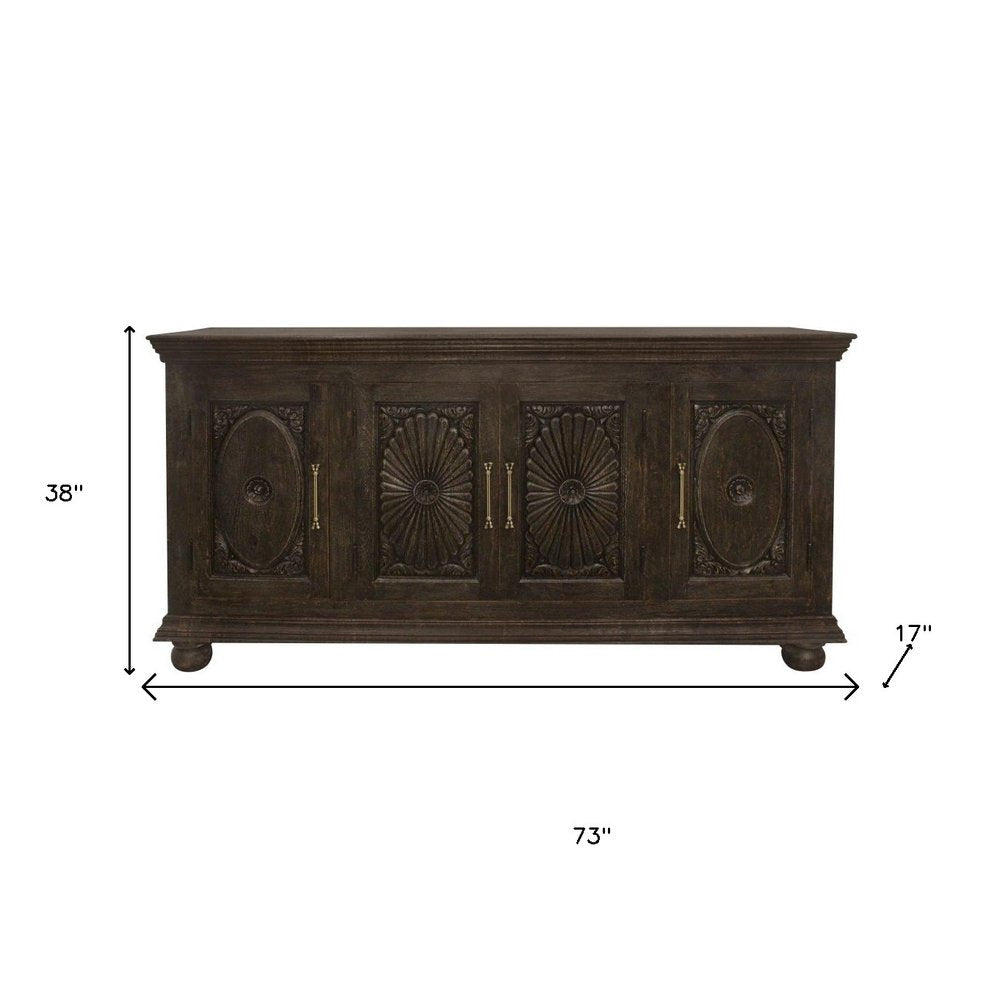 73" Black Distressed Solid Wood Carved Floral Sideboard With Four Doors HomeRoots